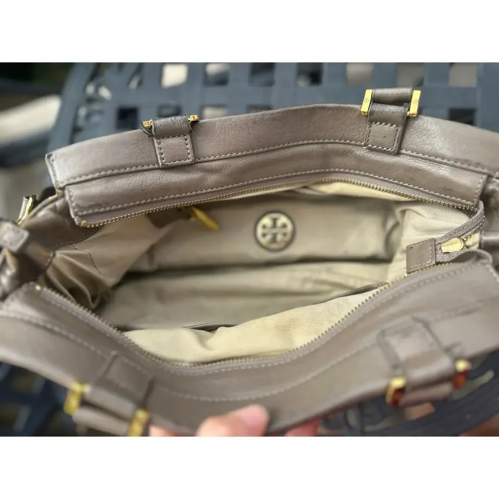 Tory Burch Holland Satchel Taupe Gray Leather Shoulder Bag Crossbody Tote Purse